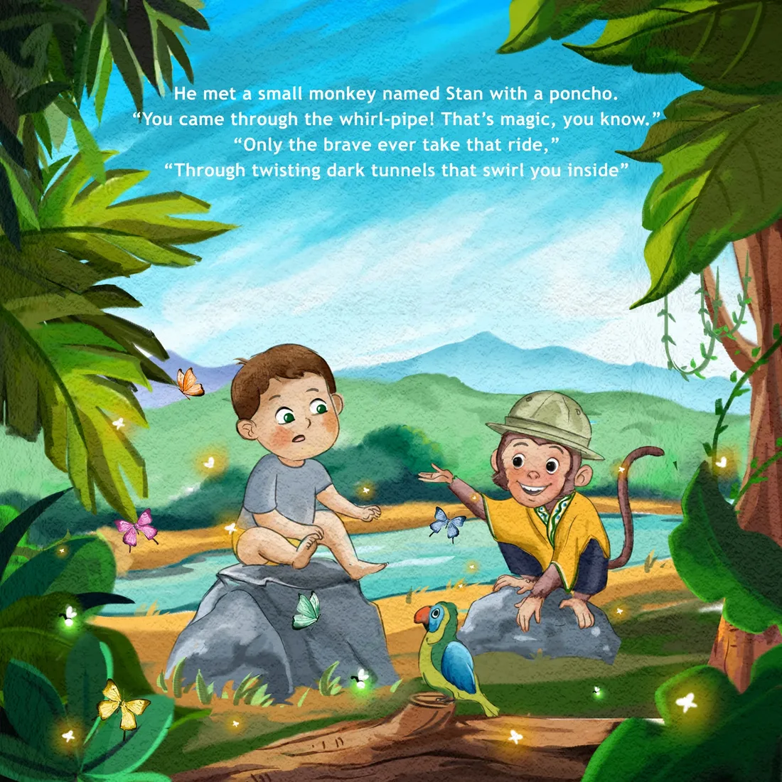 Interior page: Rodney meets Stan the monkey by a jungle river