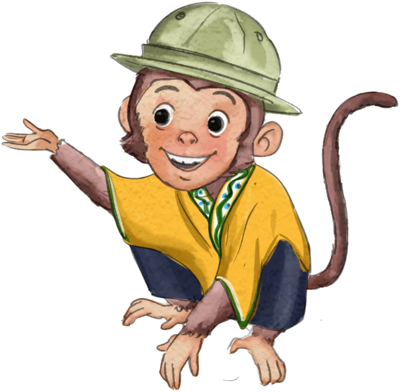Stan the monkey wearing a safari hat and yellow poncho